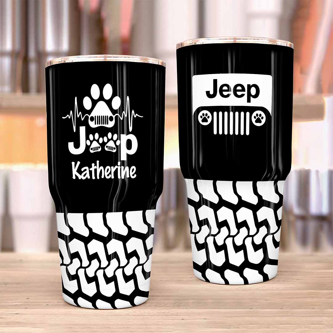 Personalized Jeep Epoxy Trek Tumbler Dog Heartbeat Tire Tracks 40oz 30oz Supler Store