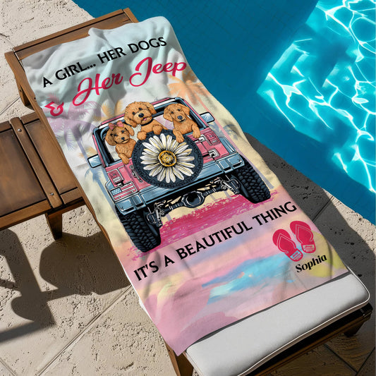 Personalized A Girl Her Dogs & Her Jeep Beach Towel
