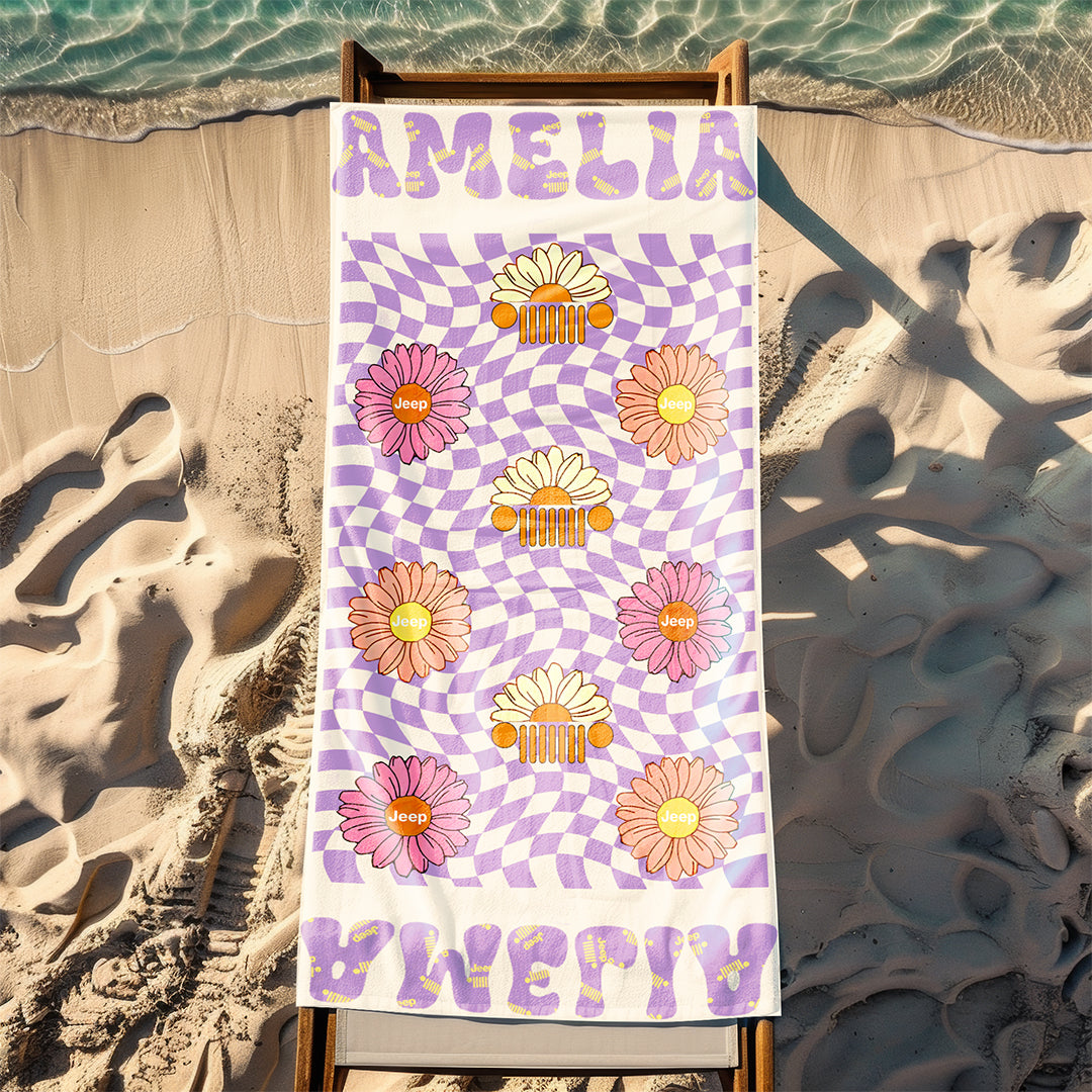 Personalized Jeep Daisy Grid Beach Towel