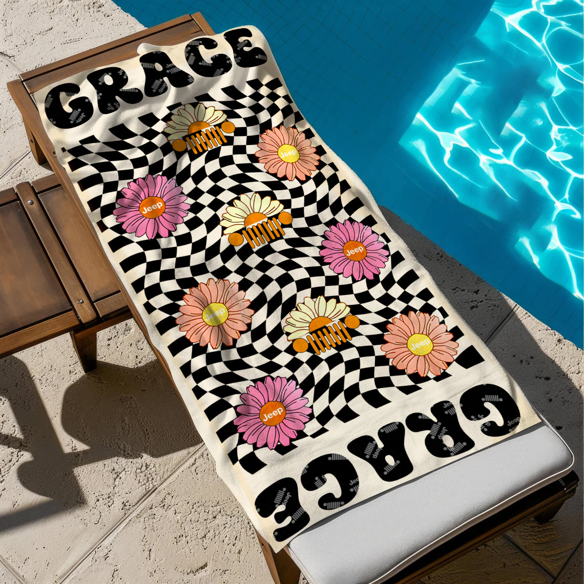 Personalized Jeep Daisy Grid Beach Towel