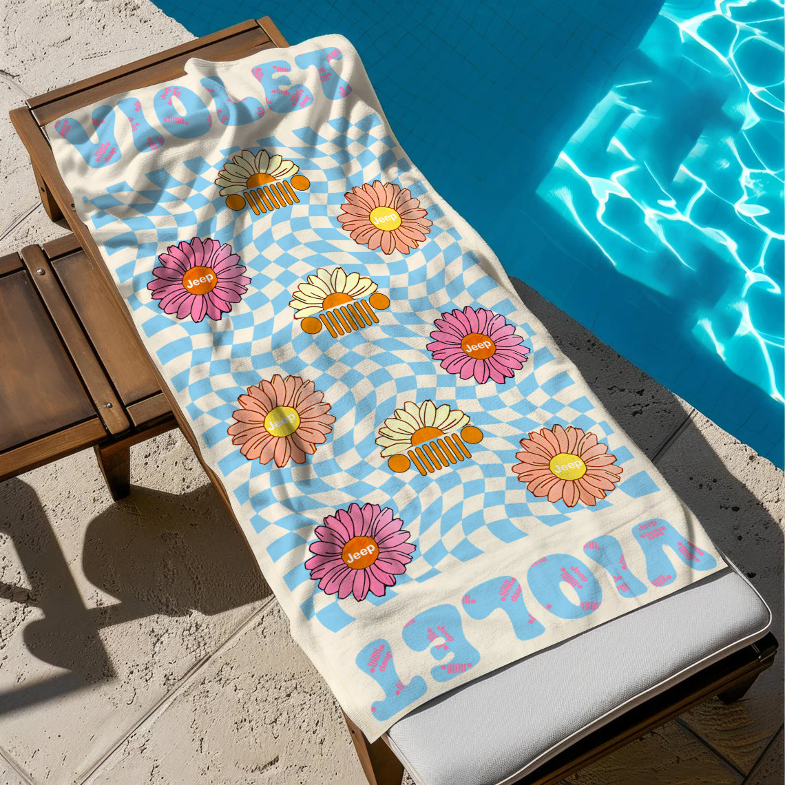 Personalized Jeep Daisy Grid Beach Towel