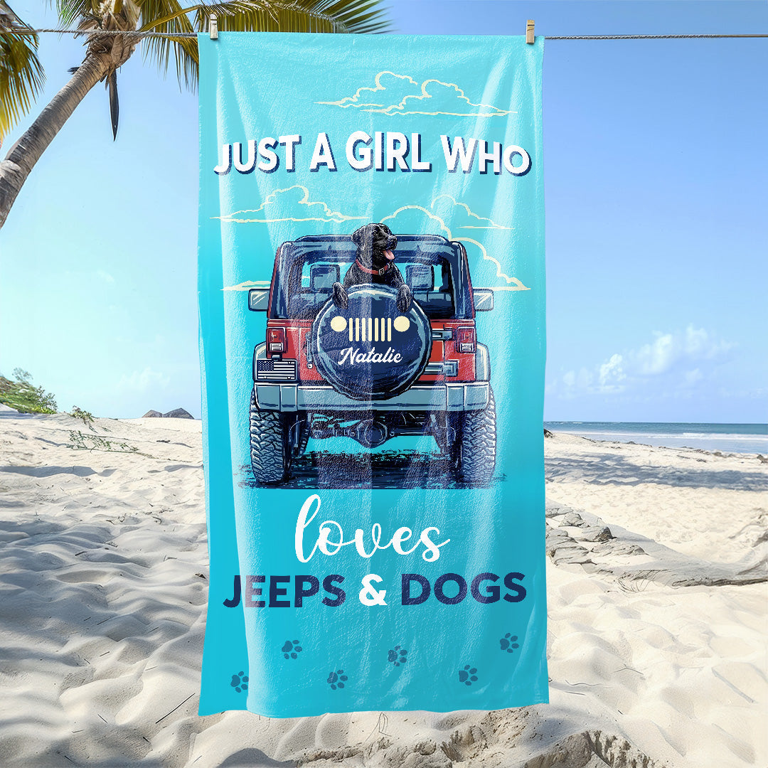 Personalized Just A Girl Who Loves Jeeps & Dogs Beach Towel Supler Store