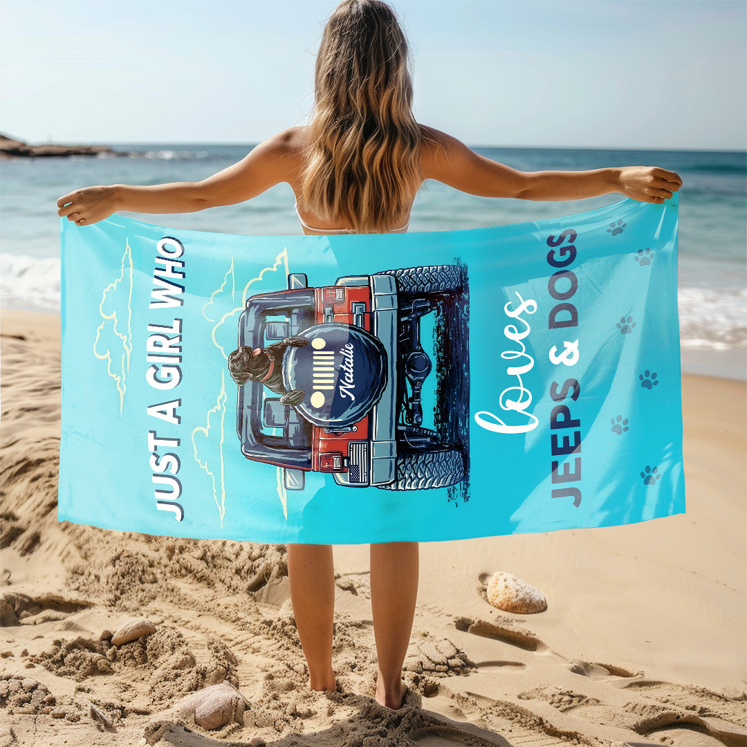 Personalized Just A Girl Who Loves Jeeps & Dogs Beach Towel Supler Store