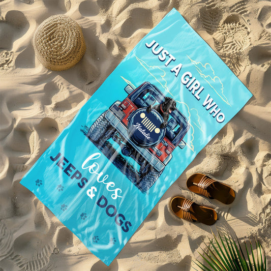 Personalized Just A Girl Who Loves Jeeps & Dogs Beach Towel Supler Store