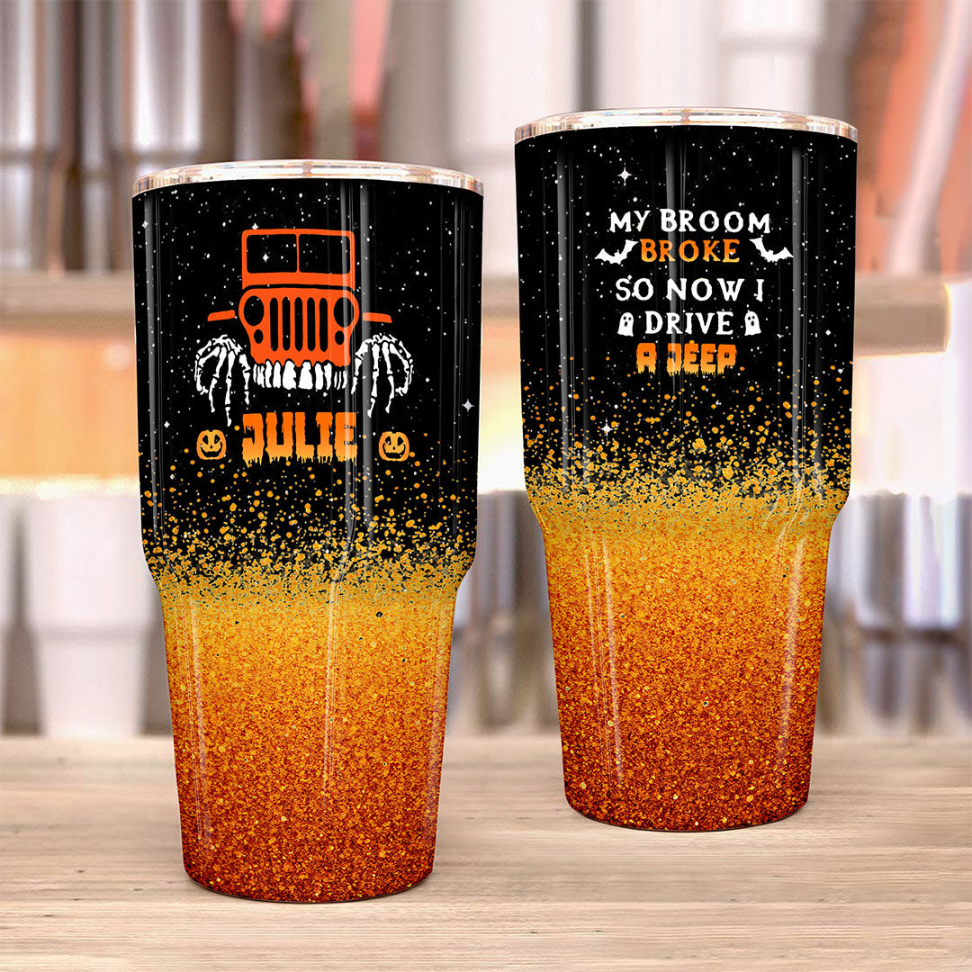 Personalized Jeep Epoxy Trek Tumbler Halloween Spooky Orange Glitter Print 40oz 30oz Supler Store