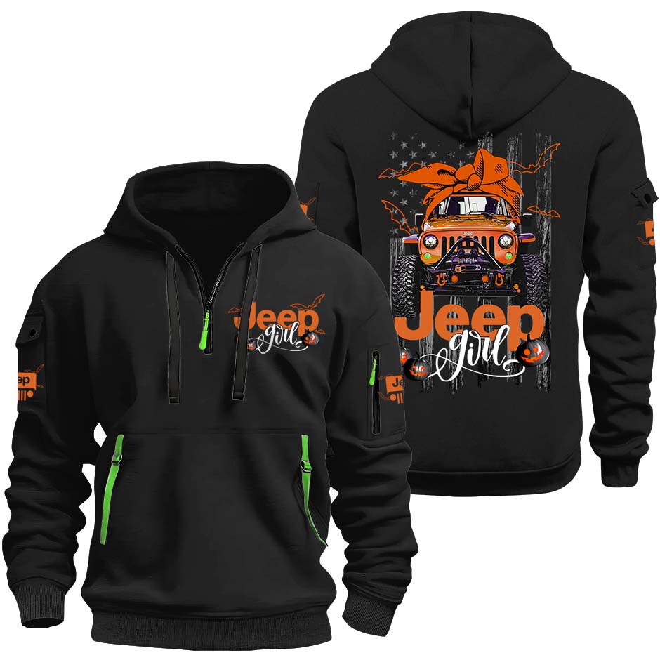 Jeep Girl Spooky Pumpkin Halloween Quarter Zip Hoodie Supler Store