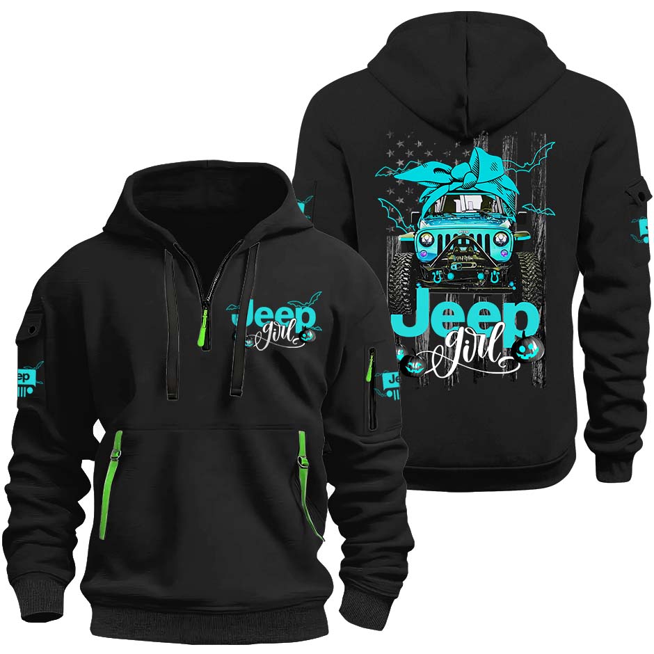 Jeep Girl Spooky Pumpkin Halloween Quarter Zip Hoodie Supler Store