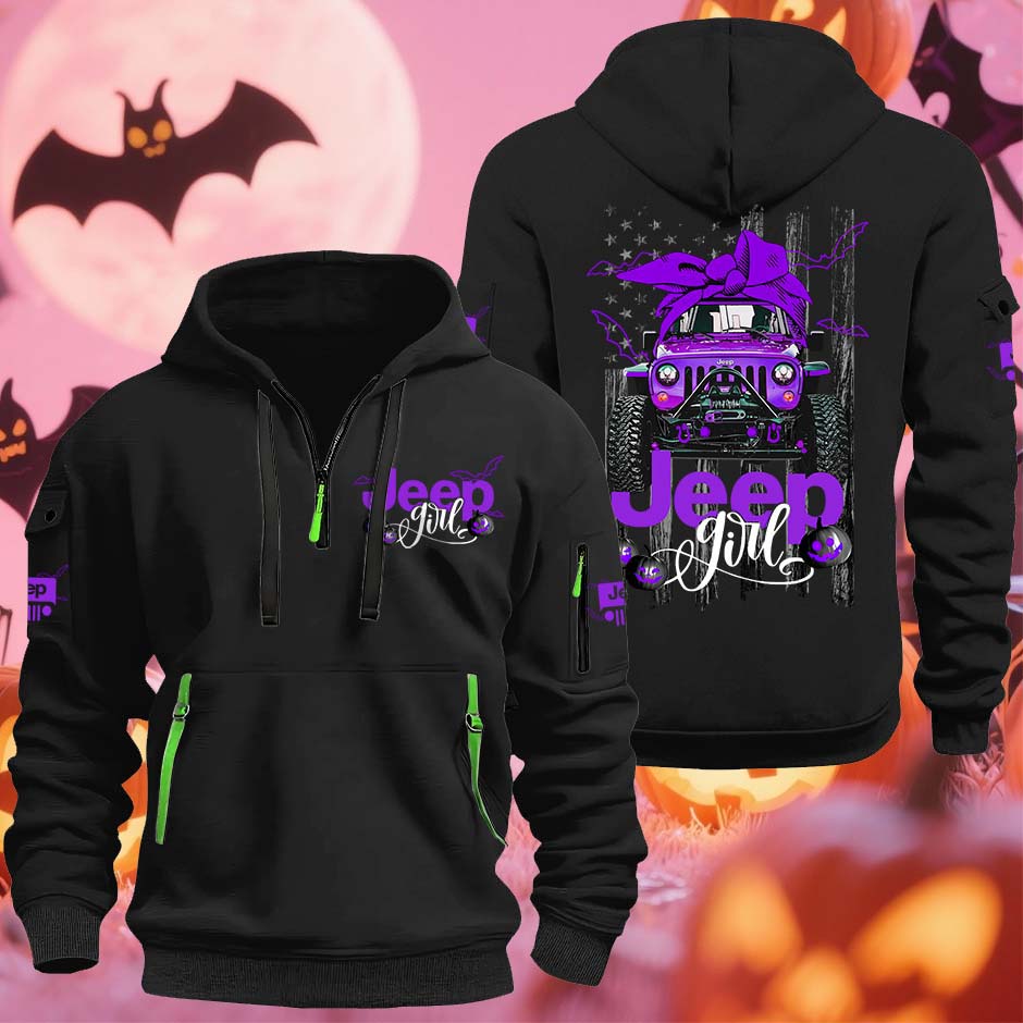 Jeep Girl Spooky Pumpkin Halloween Quarter Zip Hoodie Supler Store