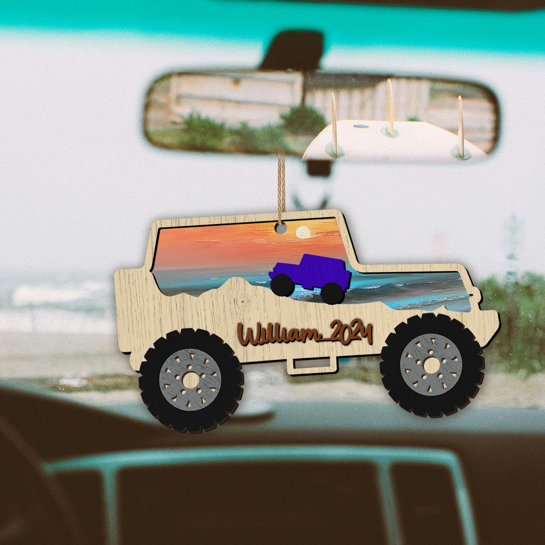 Personalized Jeep Beach Sunset Layered Wooden Ornament Supler Store