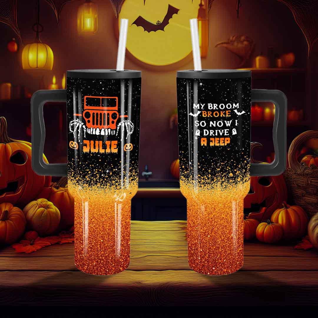 Personalized Jeep Epoxy Trek Tumbler Halloween Spooky Orange Glitter Print 40oz 30oz Supler Store