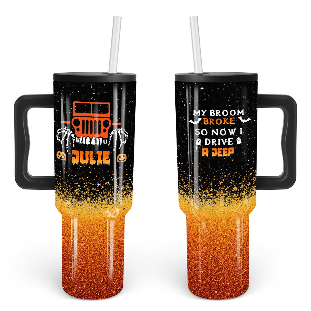 Personalized Jeep Epoxy Trek Tumbler Halloween Spooky Orange Glitter Print 40oz 30oz Supler Store