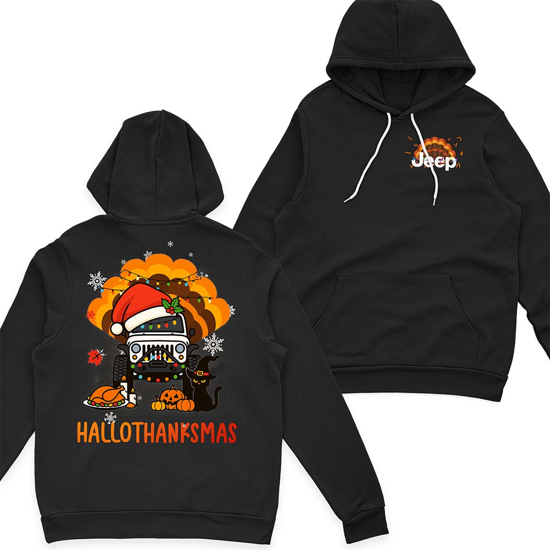 Happy Hallothanksmas Jeeps T-Shirt Hoodie Witch Turkey Deer Halloween Thanksgiving Christmas Supler Store