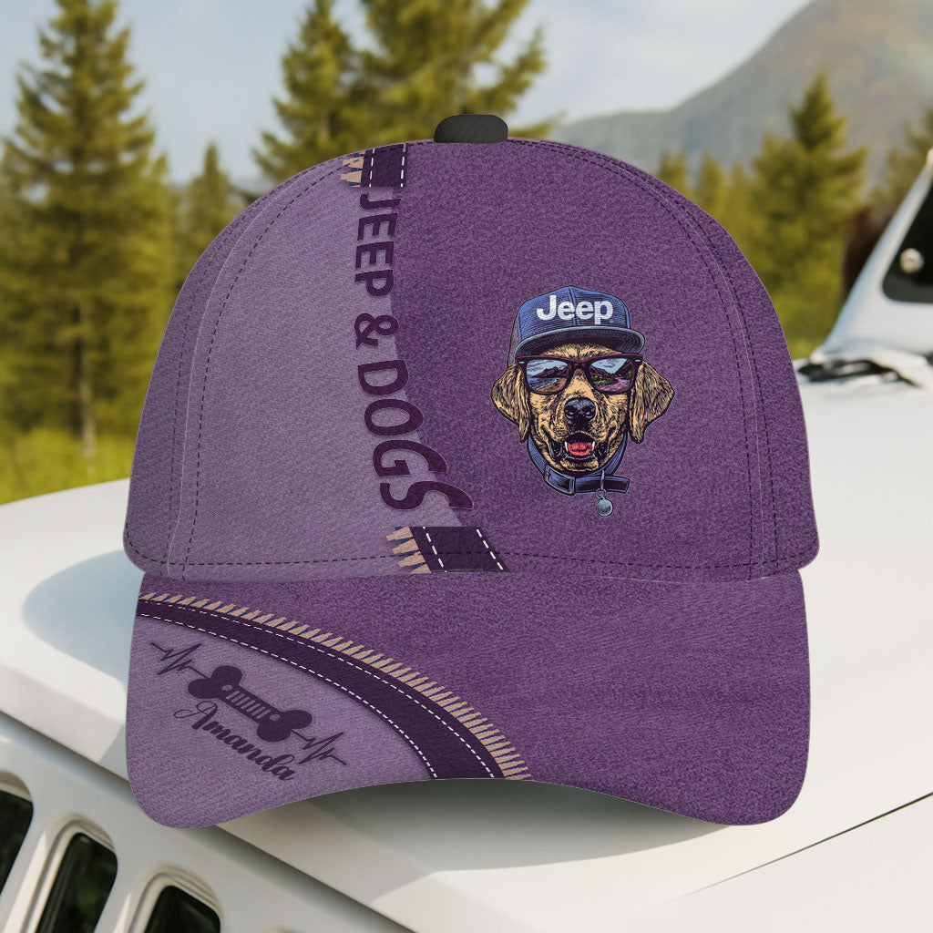 Purple cap with Jeep logo and dog illustration on a car roof with a forest background