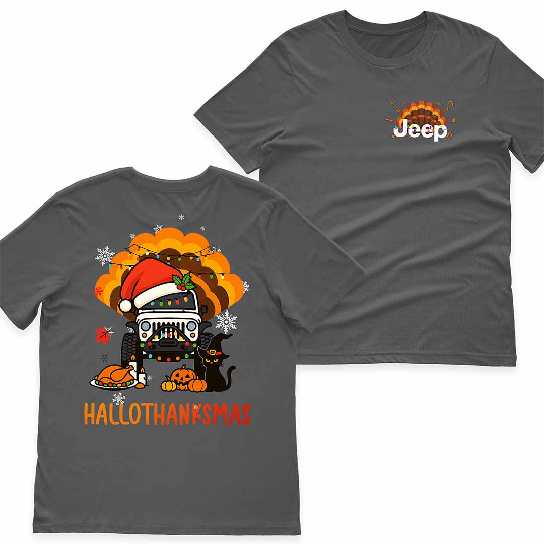 Happy Hallothanksmas Jeeps T-Shirt Hoodie Witch Turkey Deer Halloween Thanksgiving Christmas Supler Store