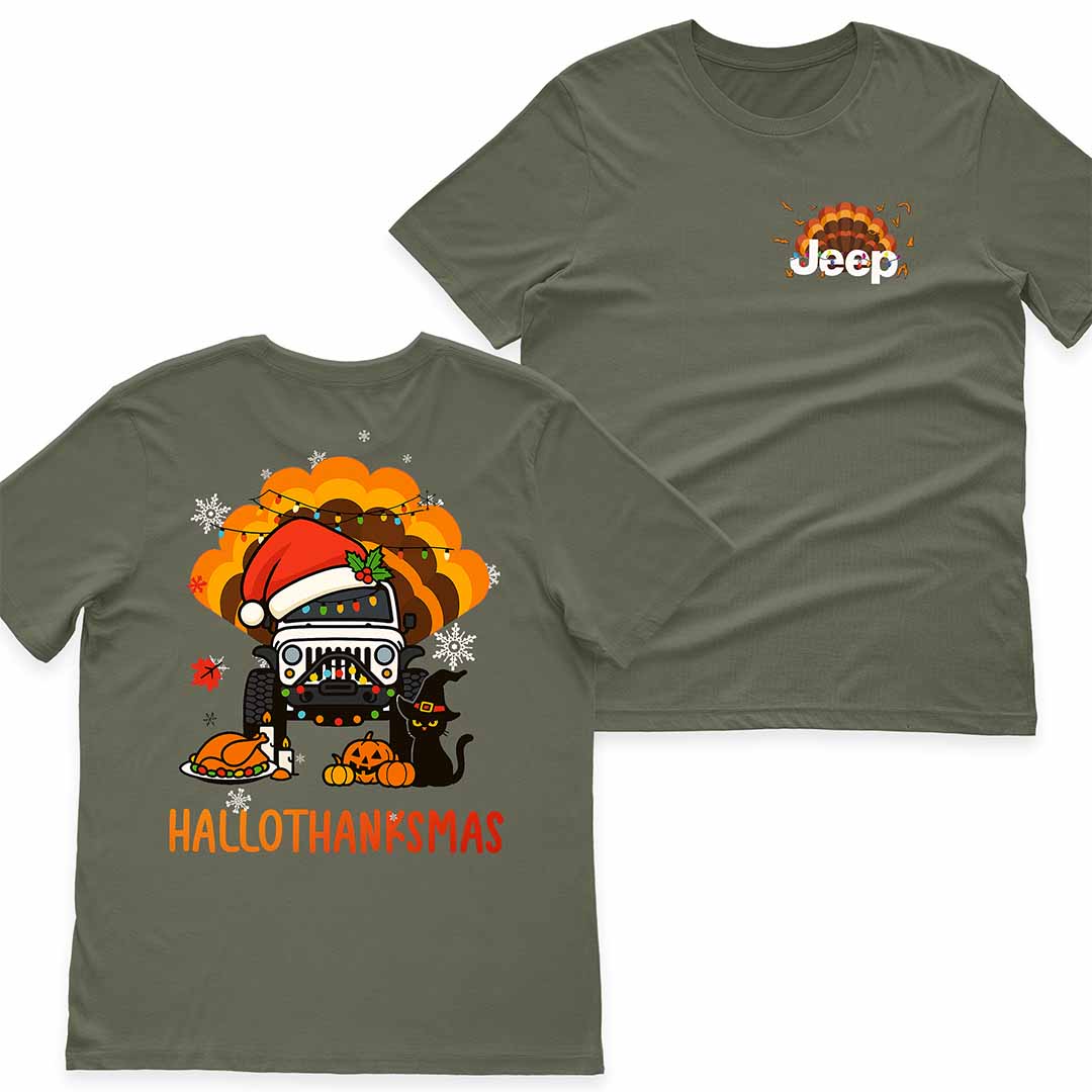 Happy Hallothanksmas Jeeps T-Shirt Hoodie Witch Turkey Deer Halloween Thanksgiving Christmas Supler Store