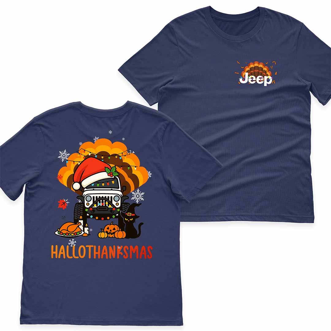 Happy Hallothanksmas Jeeps T-Shirt Hoodie Witch Turkey Deer Halloween Thanksgiving Christmas Supler Store