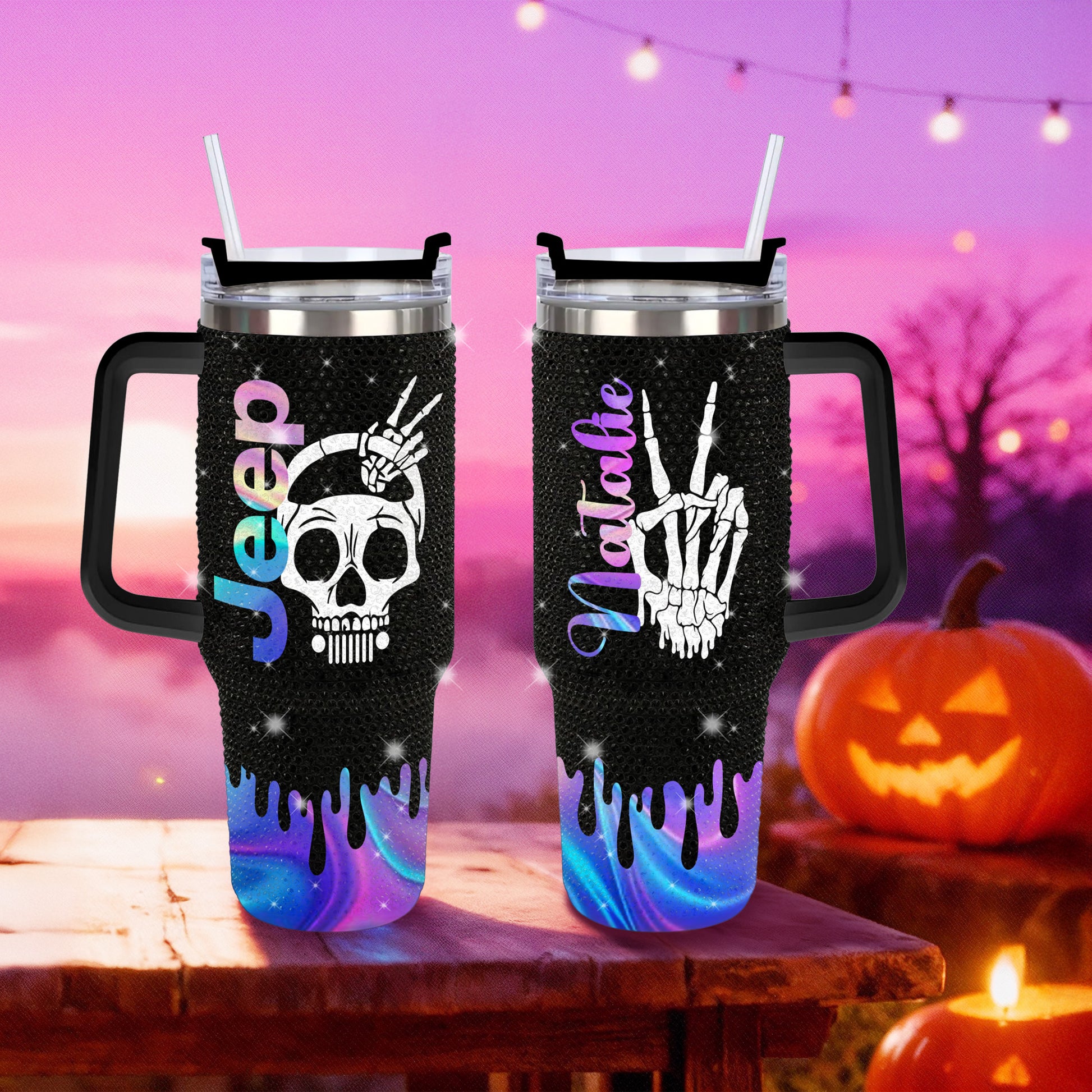Personalized Jeep Skull Drippy Peace Hand Black Rhinestone Diamond Tumbler 40oz 30oz Supler Store