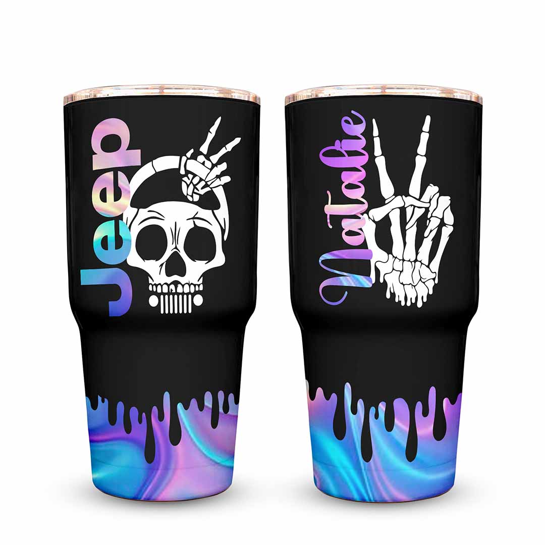 Personalized Jeep Skull Drippy Peace Hand Black Rhinestone Diamond Tumbler 40oz 30oz Supler Store