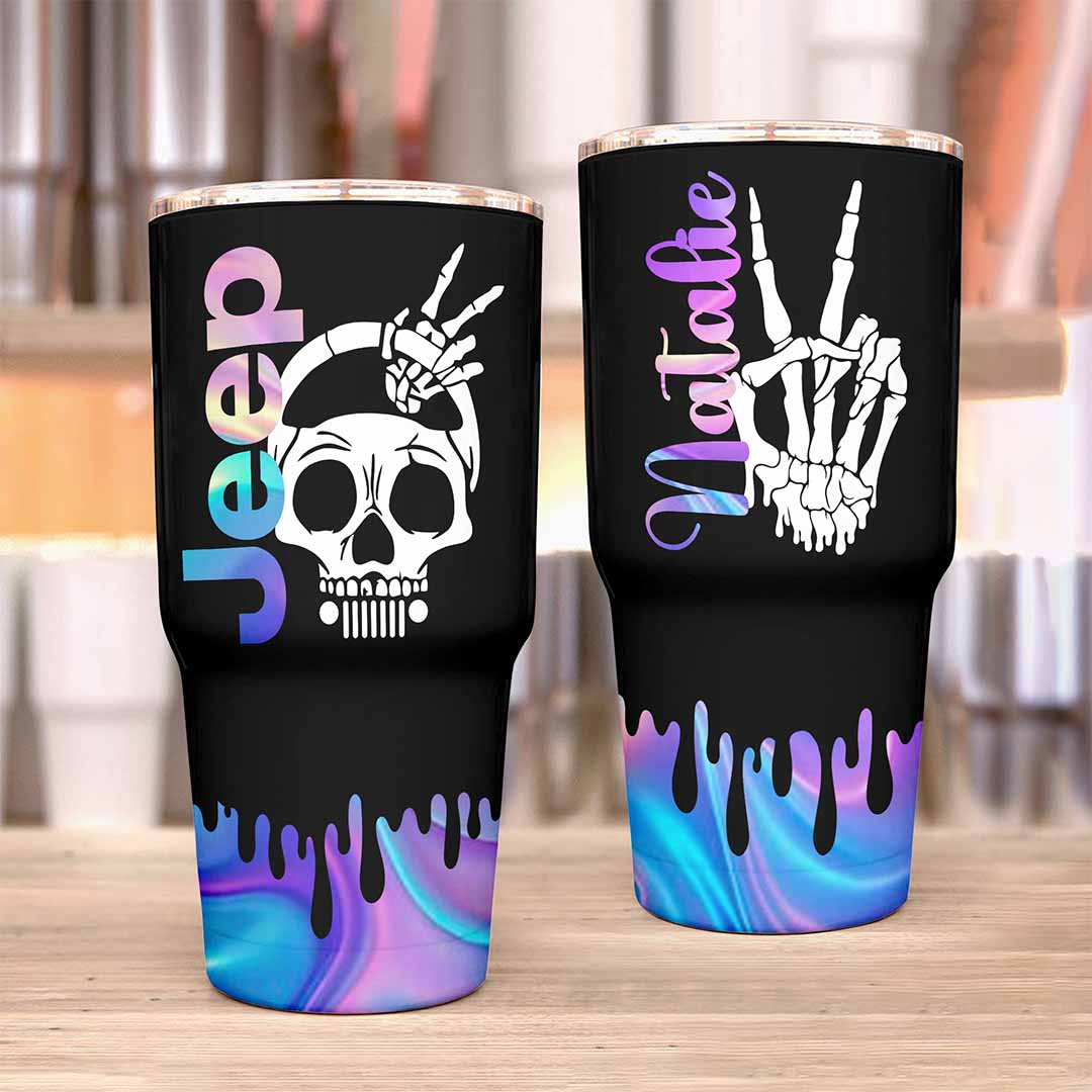 Personalized Jeep Skull Drippy Peace Hand Black Rhinestone Diamond Tumbler 40oz 30oz Supler Store
