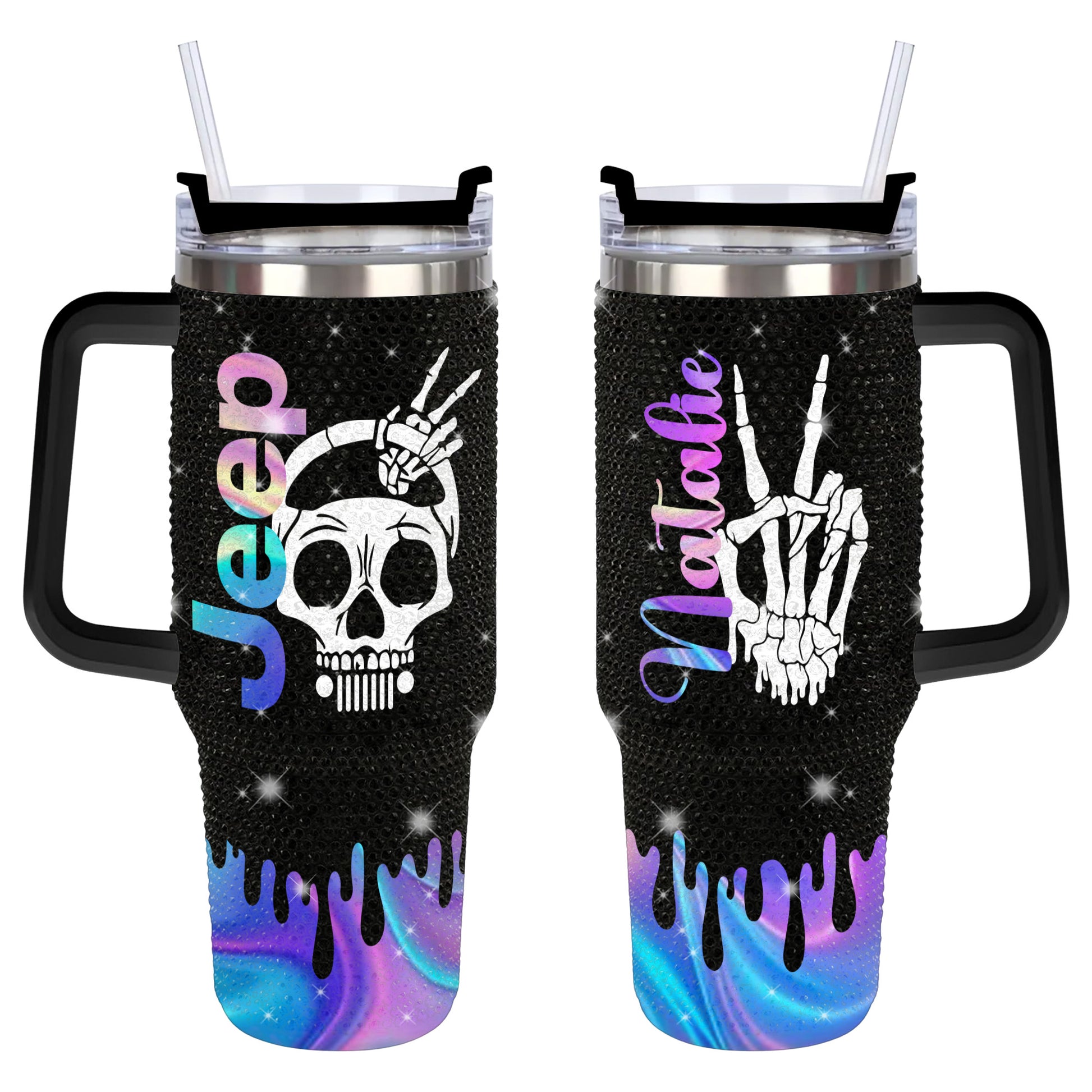 Personalized Jeep Skull Drippy Peace Hand Black Rhinestone Diamond Tumbler 40oz 30oz Supler Store