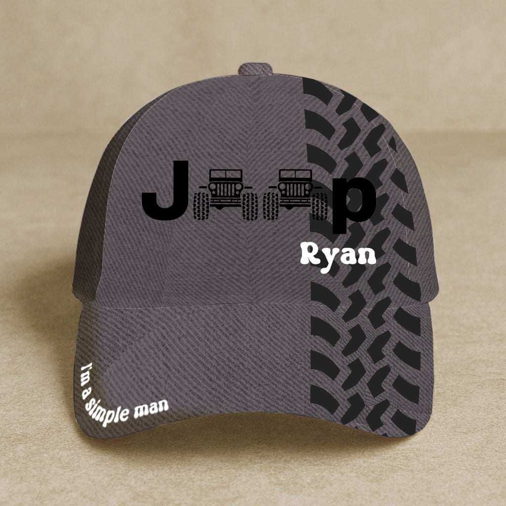 Personalized Jeep hat with tire tracks design, gray background and 'I'm a simple man' text on the brim