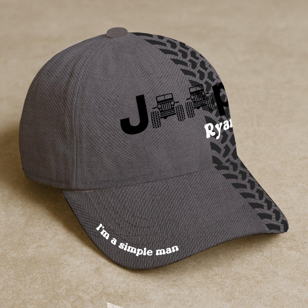 Personalized Jeep hat with tire tracks design, gray background and 'I'm a simple man' text on the brim