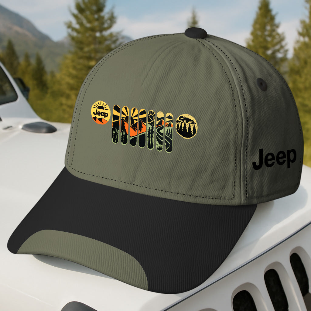 Green and black cap with Jeep logo on a vehicle in a forest setting