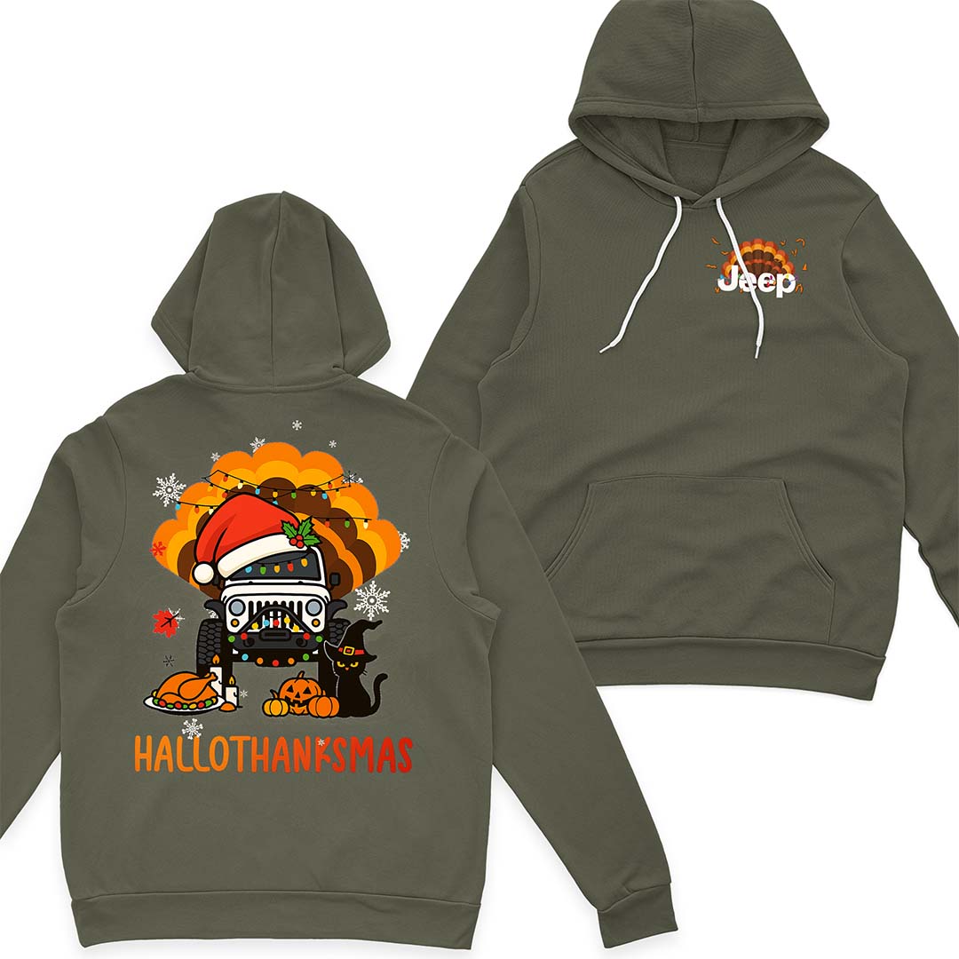 Happy Hallothanksmas Jeeps T-Shirt Hoodie Witch Turkey Deer Halloween Thanksgiving Christmas Supler Store