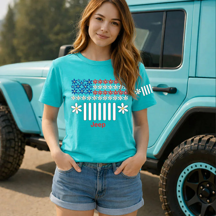 Jeep Girl American Flag Shirt & Hoodie — Floral Design for Women Who Love the Trail