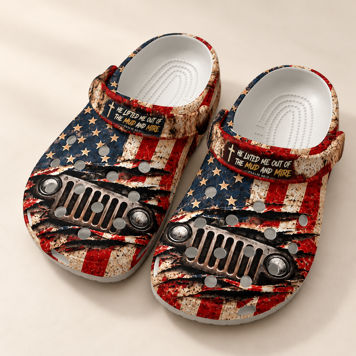 Mockup of Jeep Christian Lifted Clogs with flat printed flag, grille and Psalm 40:2 artwork