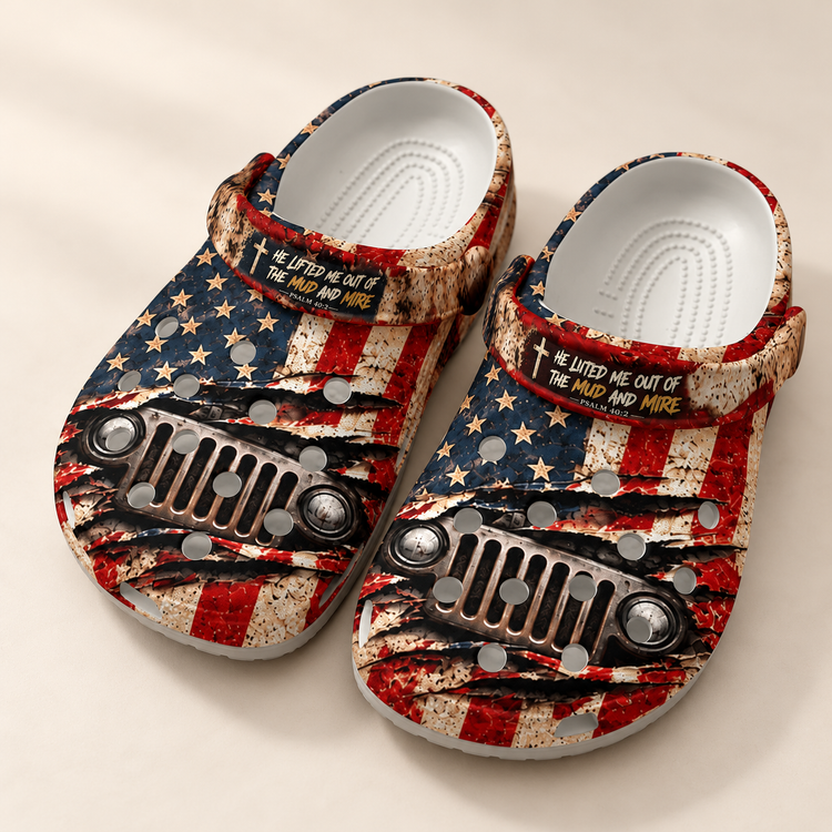 Mockup of Jeep Christian Lifted Clogs with flat printed flag, grille and Psalm 40:2 artwork
