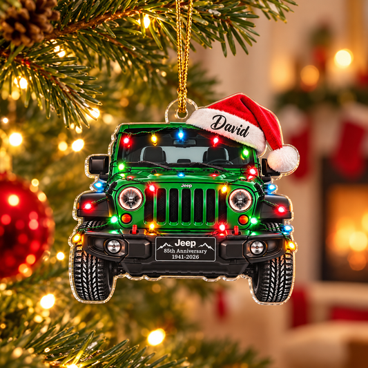 Personalized flat acrylic green Jeep Christmas light ornament hanging on a tree
