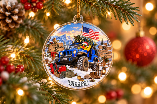 Personalized flat acrylic Christmas Jeep ornament with blue vehicle artwork hanging on a tree