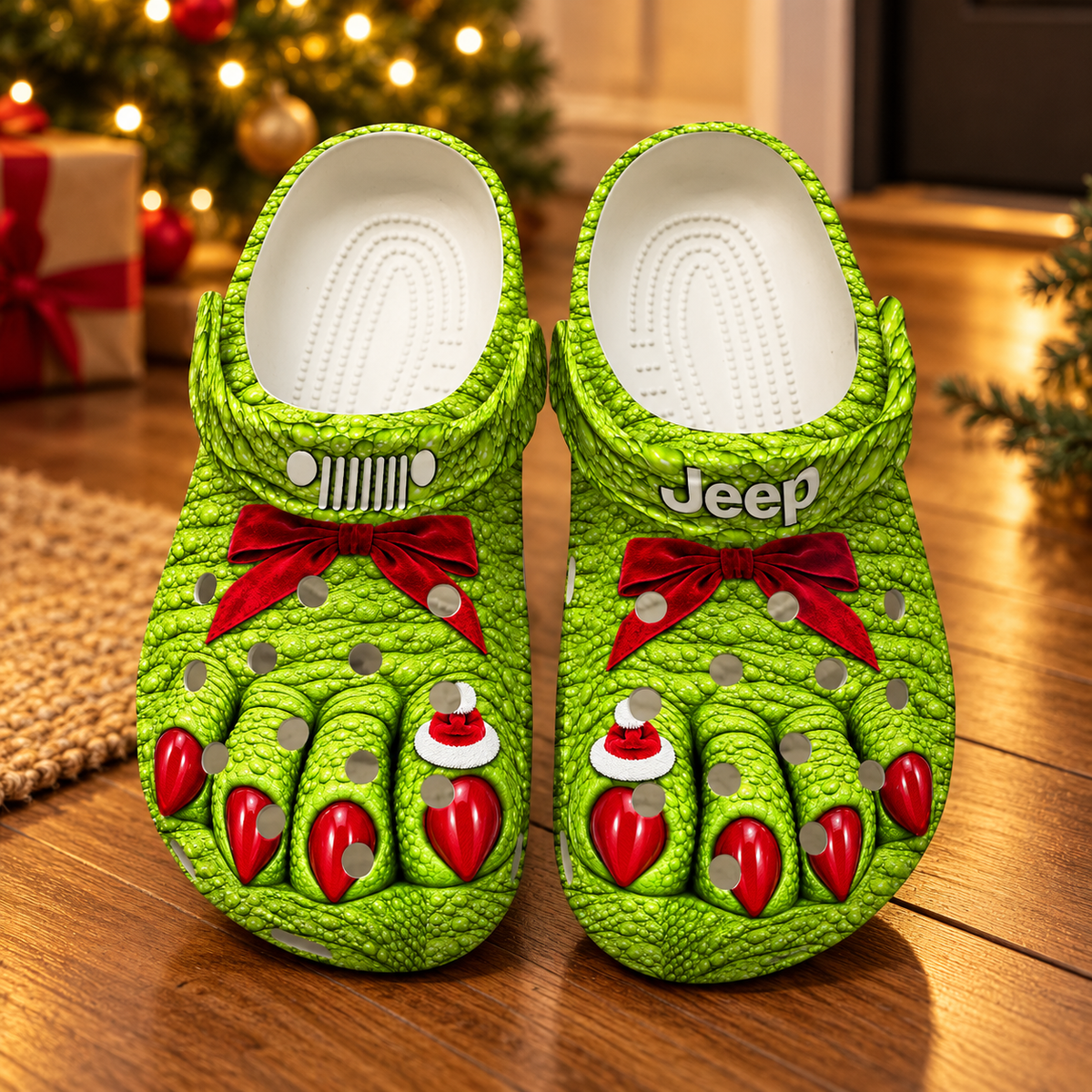 Jeep Christmas Green Monster Feet Clogs with holiday decor