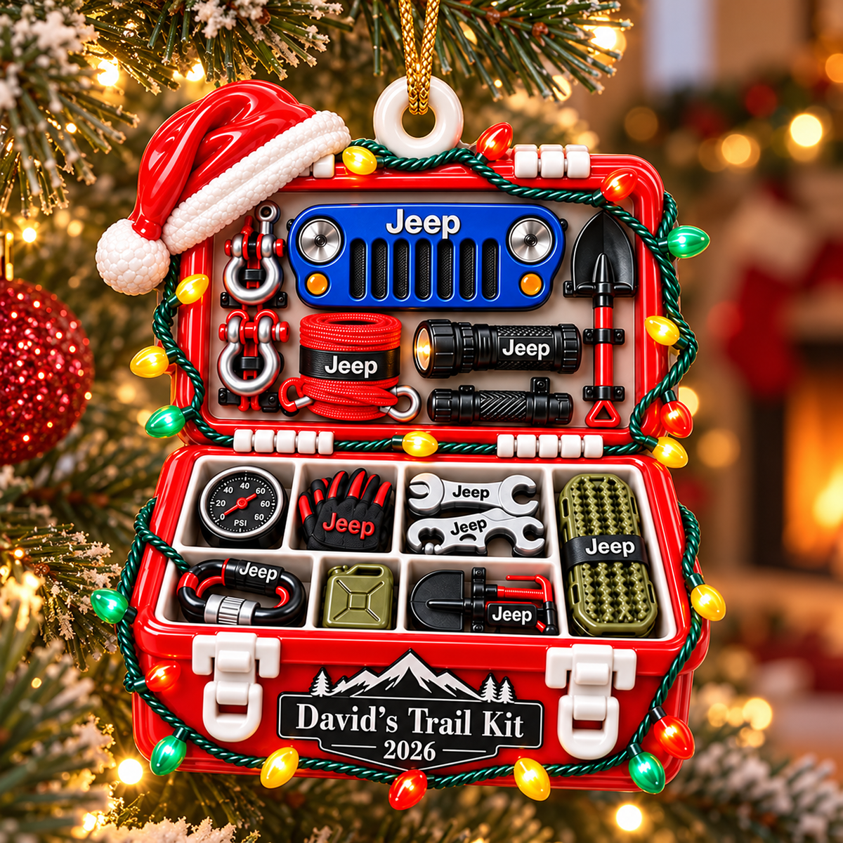 Jeep Trail Kit Box personalized 3D relief acrylic ornament on a Christmas tree