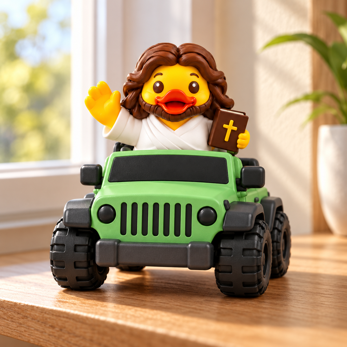 3D printed Jesus duck and light green Jeep figurine displayed indoors