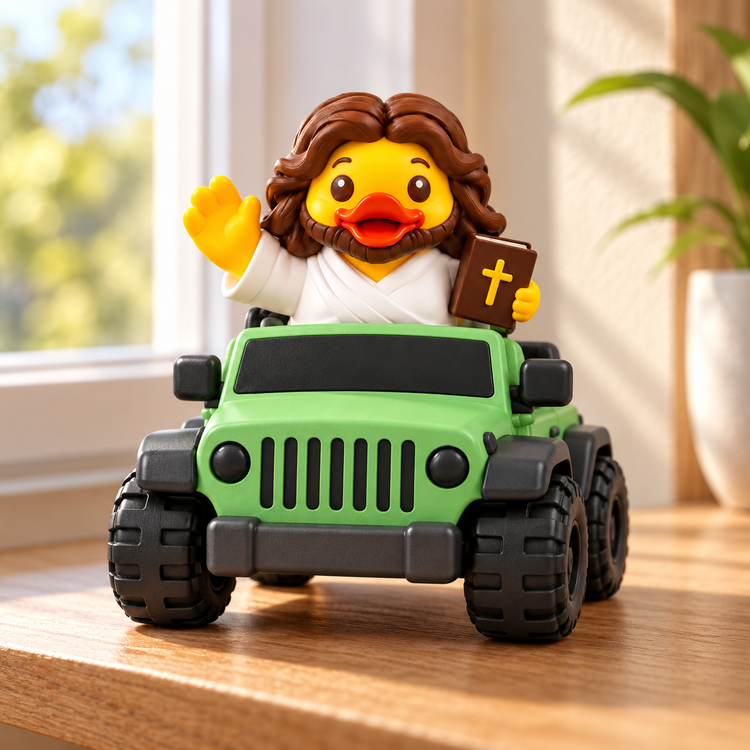 3D printed Jesus duck and light green Jeep figurine displayed indoors