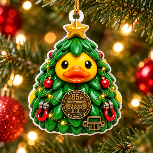Jeep Christmas Tree Duck relief acrylic ornament hanging on tree