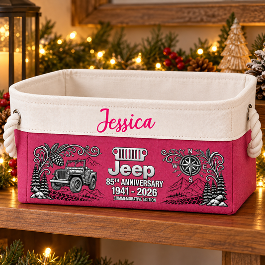Personalized pink Jeep 85th Anniversary storage basket on holiday shelf