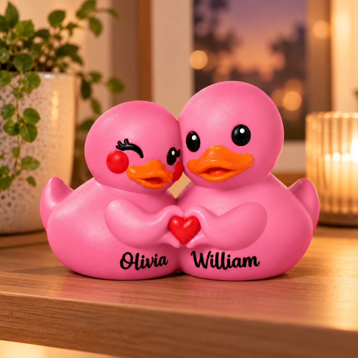 Pink personalized 3D printed couple duck figurine displayed on shelf