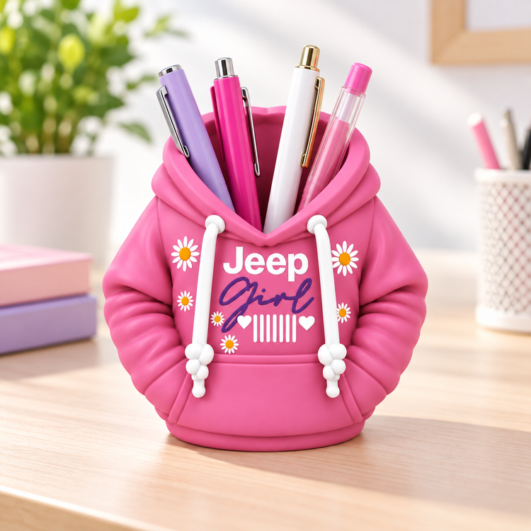 Pink Jeep Girl Daisy 3D printed hoodie desk organizer holding pens