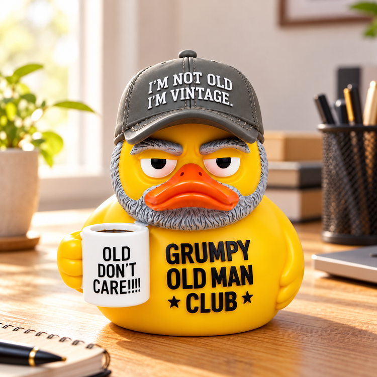 Grumpy Old Man Club duck resin figurine on desk