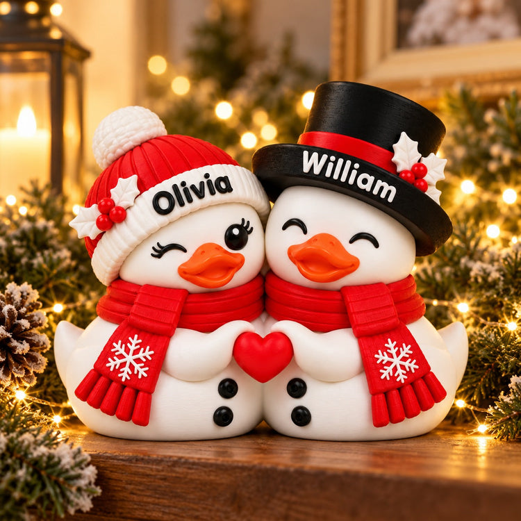 Personalized snowman couple duck 3D figurine on winter mantel
