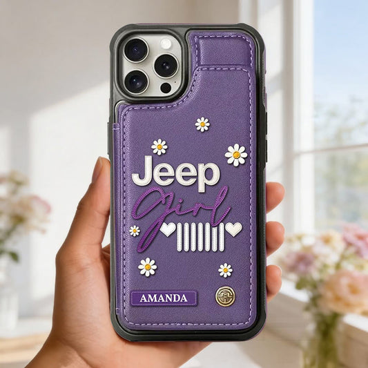 Personalized Jeep Girl Phone Case - Daisy Leather Wallet Phone Case, Custom Gifts For Jeep/ Offroad Lovers