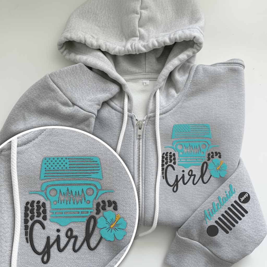Personalized Embroidered Jeep Girl Flower Zip Hoodie