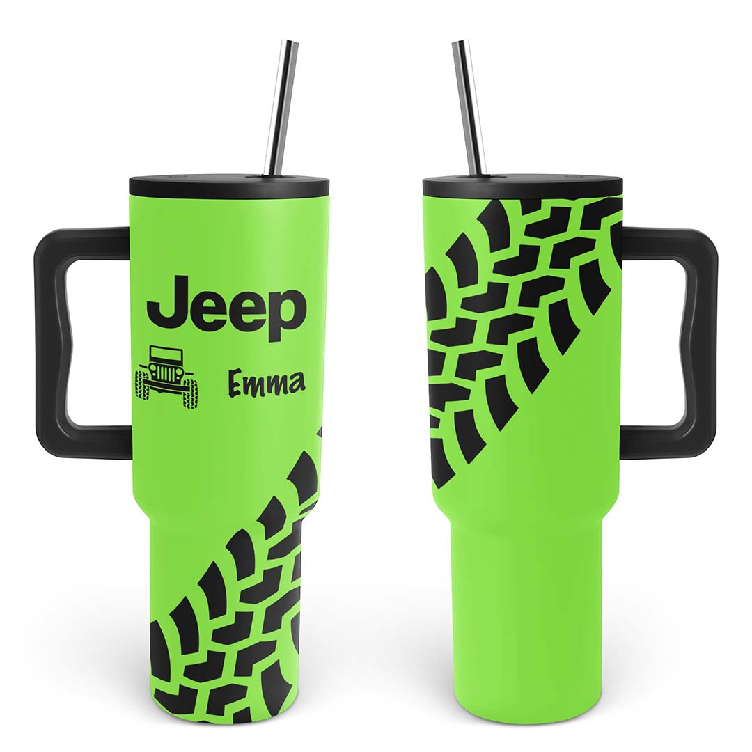 Two green tumblers with Jeep branding and black handles on a white background