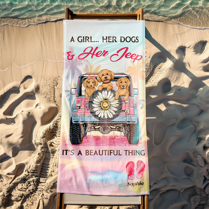 Personalized A Girl Her Dogs & Her Jeep Beach Towel