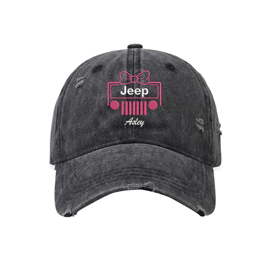 Jeep Bow Hat Distressed Embroidered Washed Cotton Baseball Cap