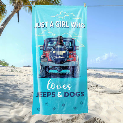 Personalized Just A Girl Who Loves Jeeps & Dogs Beach Towel Supler Store