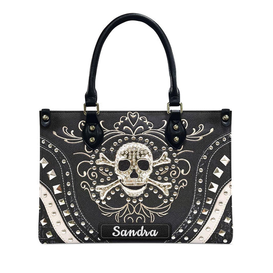Personalized Flower Gothic Skull Leather Handbag & Leather Long Wallet Set